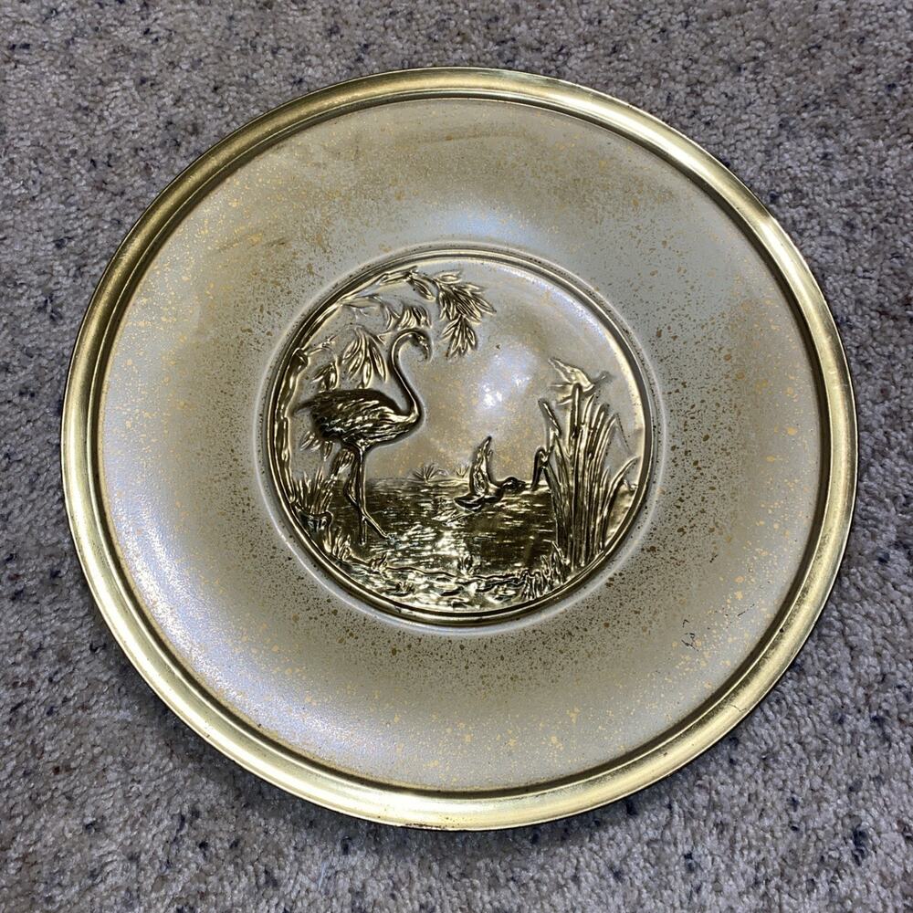 Vintage Lightweight Metal Wall Plate Plaque Decor Birds Flamingo Duck Golden